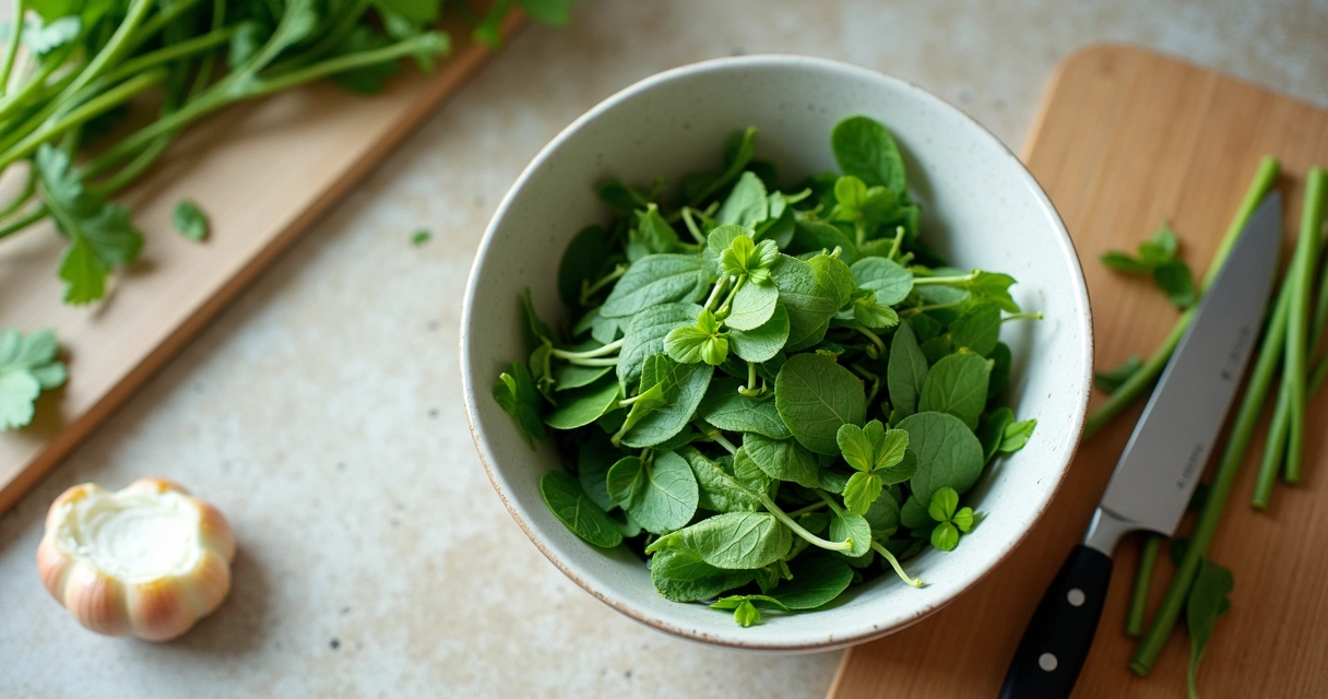 Folhas de moringa lavadas ao lado de tábua e faca
