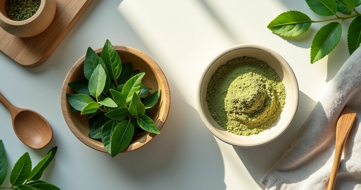 Folhas frescas de moringa e moringa em pó sobre bancada de cozinha