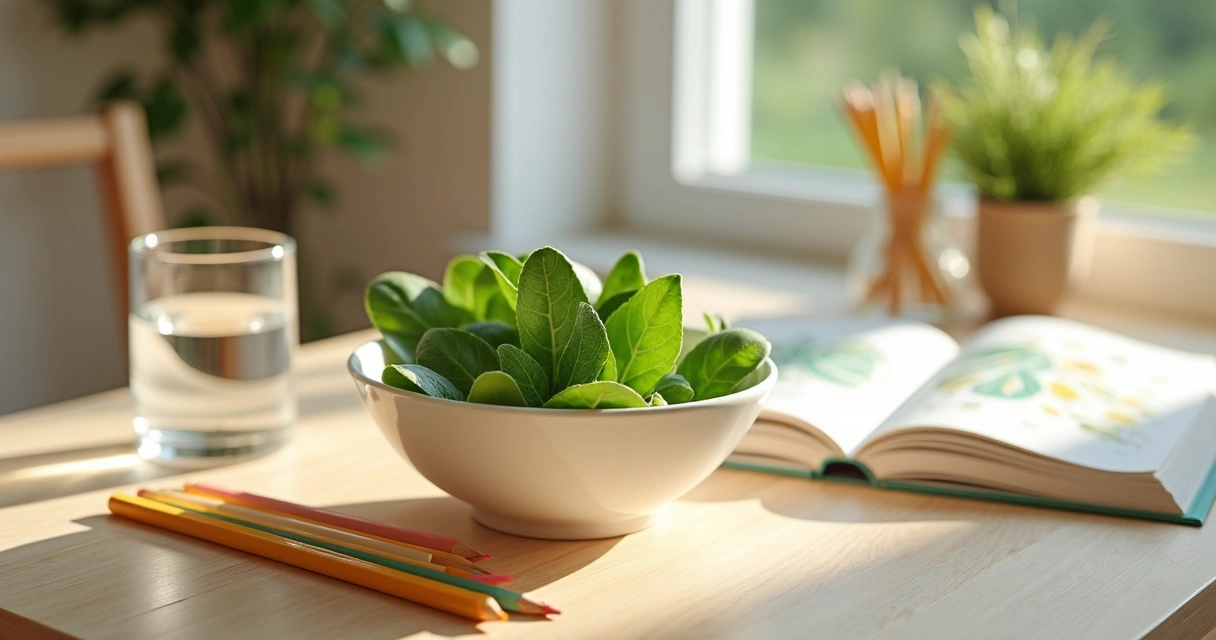 Folhas frescas de moringa em tigela ao lado de livro infantil