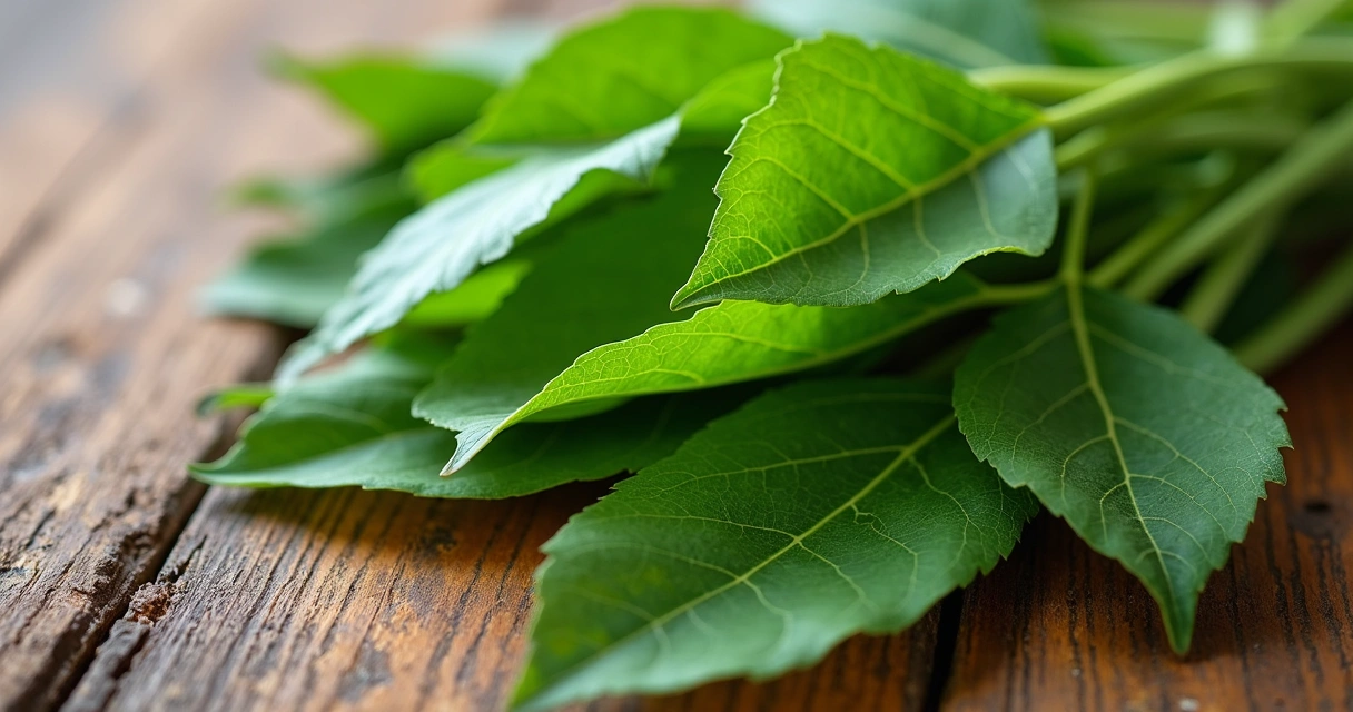 Folhas de moringa frescas em close sobre mesa de madeira 