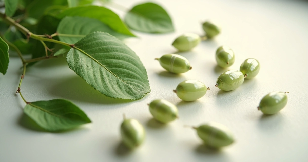 Folhas de moringa frescas e cápsulas sobre superfície clara