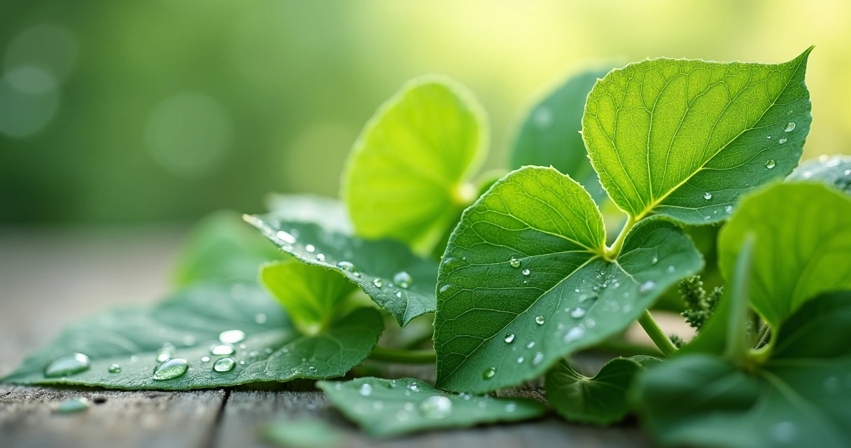 Folhas frescas de moringa com gotas de orvalho em fundo claro 
