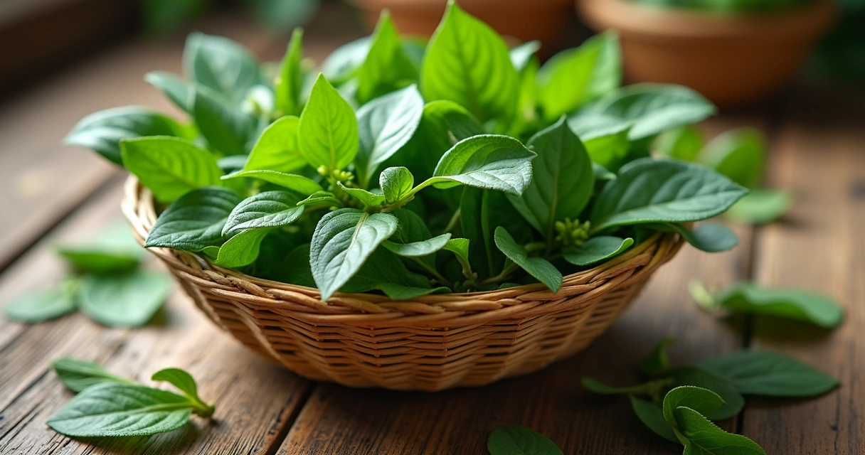 Folhas frescas de moringa dispostas em um cesto de vime