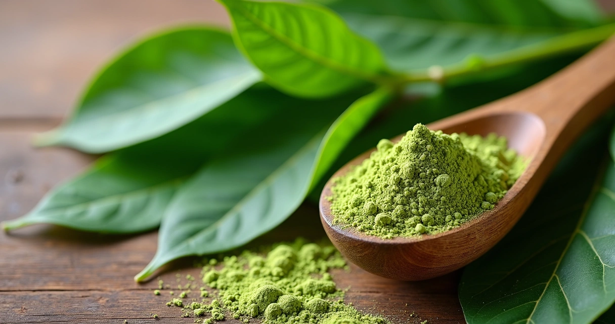 Folhas de moringa e pó da planta em uma colher de madeira