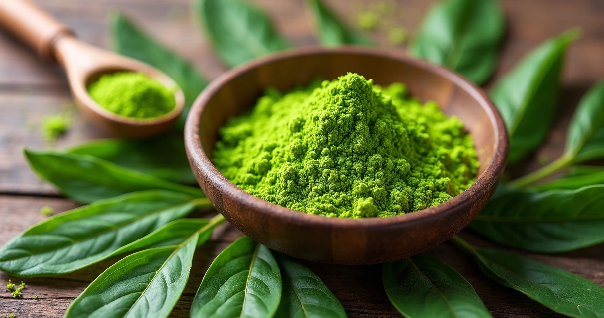 Folhas de moringa frescas e pó de moringa em uma tigela vista de cima