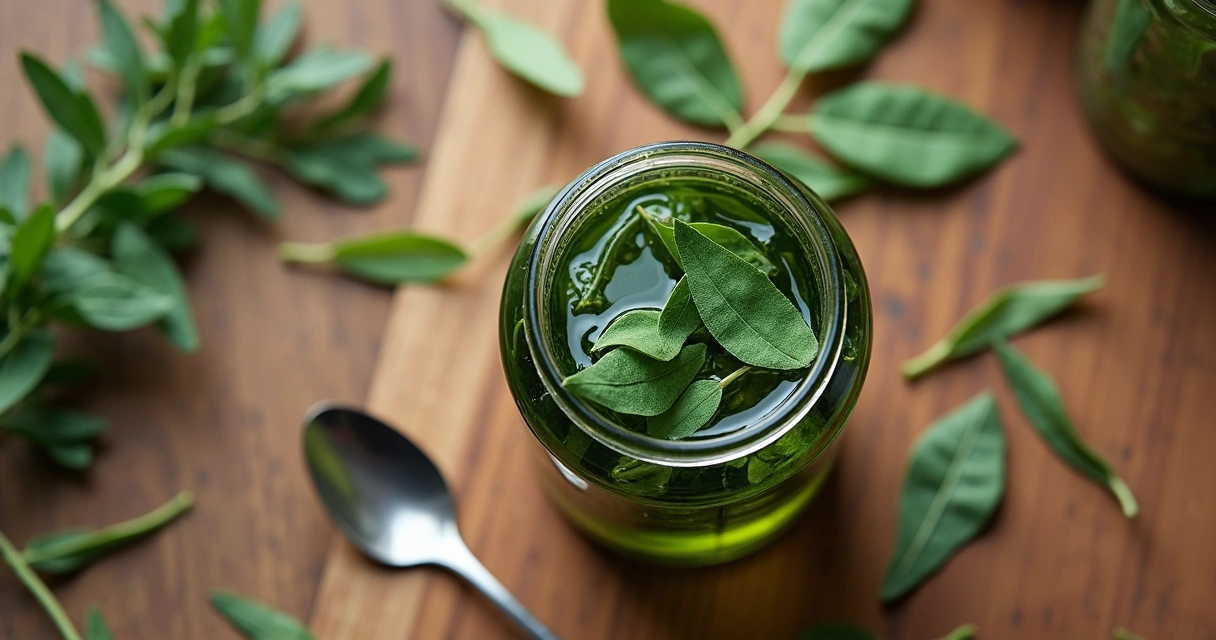 Frasco de vidro escuro com folhas de moringa e líquido ao lado de colher de inox e folhas secas 