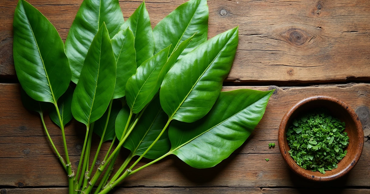 Folhas frescas de moringa sobre uma mesa de madeira 