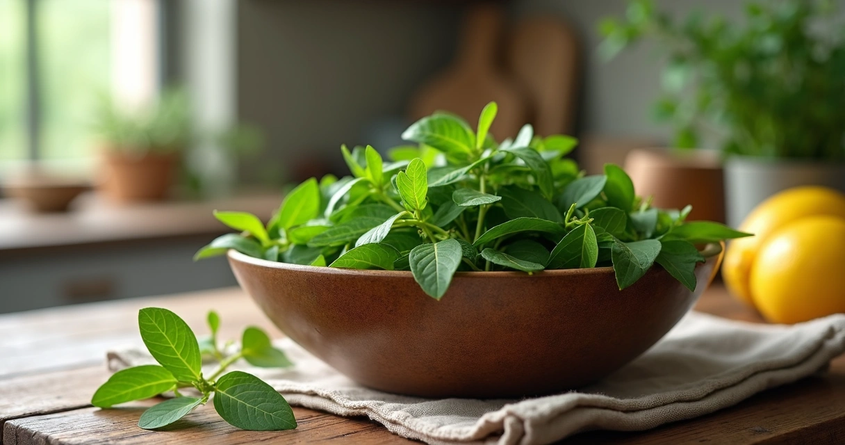 Folhas frescas de moringa em tigela de cerâmica