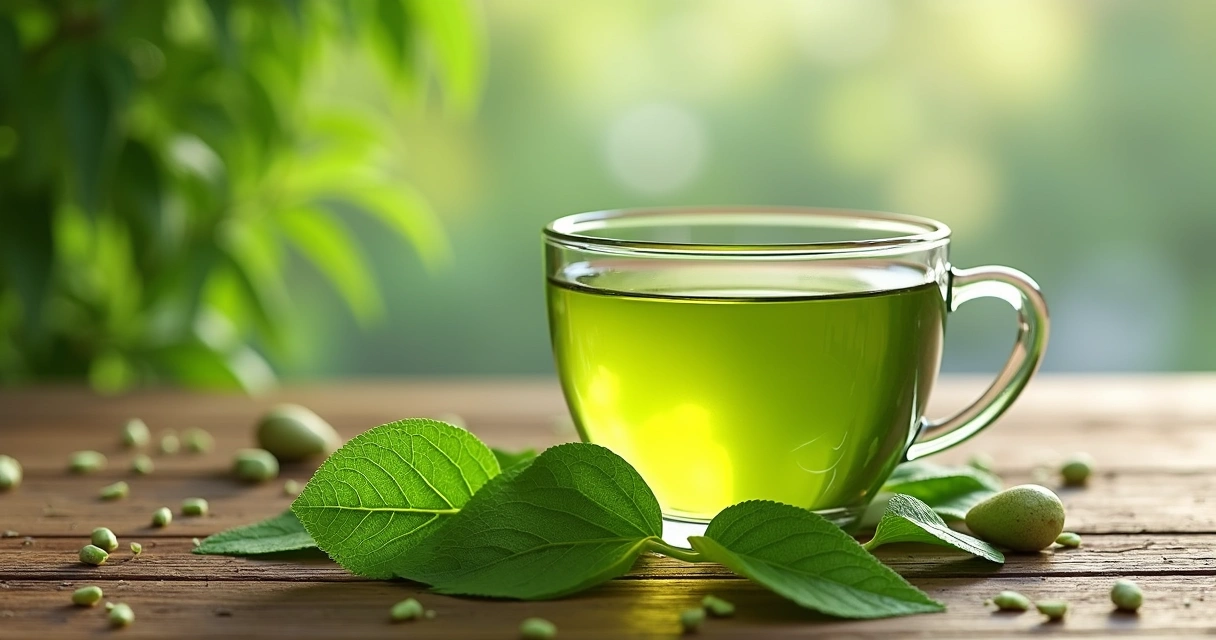 Folhas frescas de moringa ao lado de um copo de chá verde claro