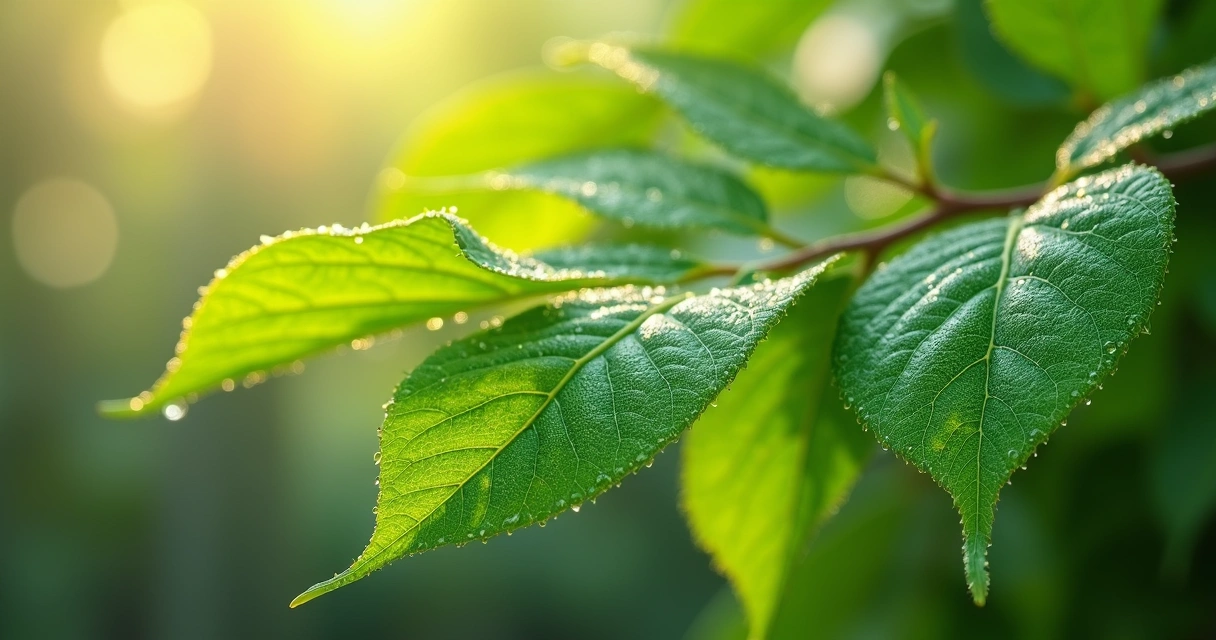 Folhas frescas de moringa com gotas de orvalho em fundo natural verde 