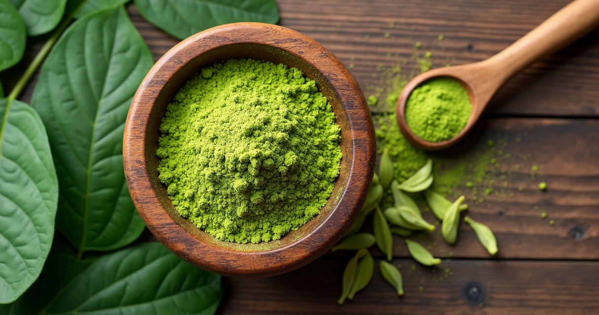 Folhas frescas de moringa ao lado de pó de moringa em tigela 