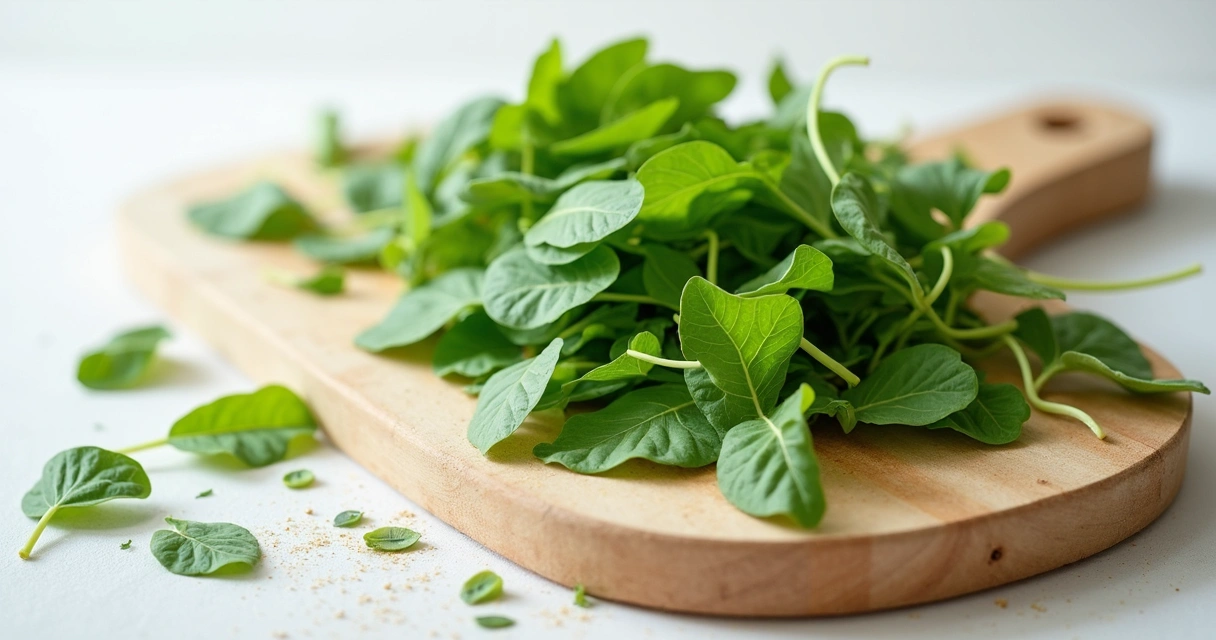 Folhas frescas de moringa em uma tábua de madeira clara