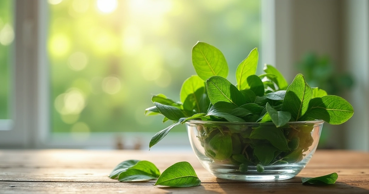 Folhas frescas de moringa em um recipiente de vidro