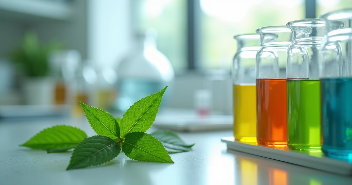 Folhas de moringa próximas a tubos de ensaio