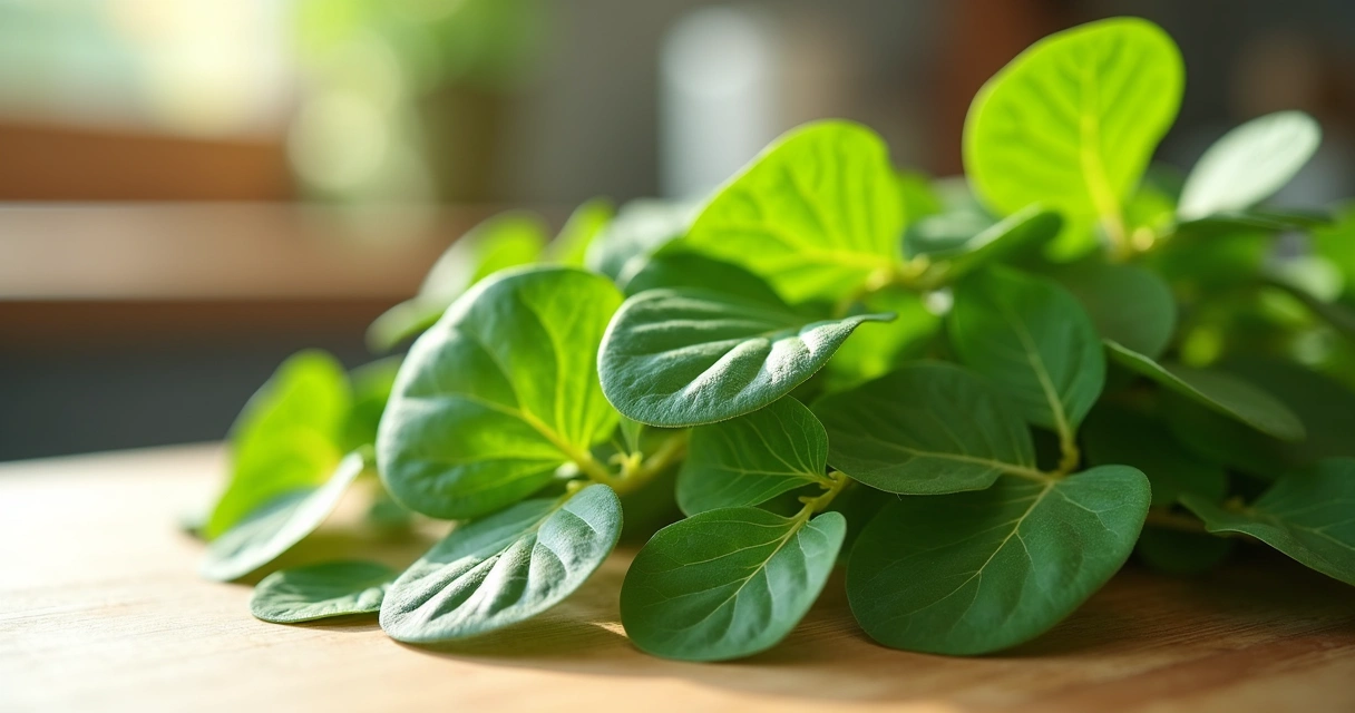 Folhas frescas de moringa à luz natural