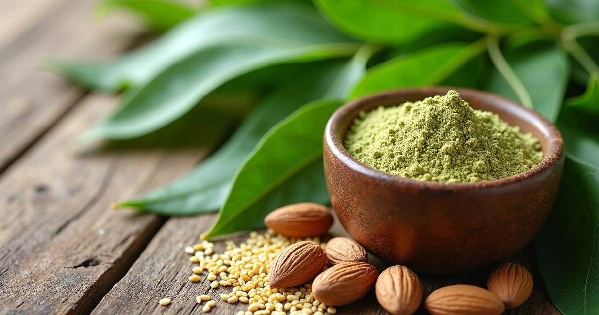 Folhas de moringa com tigela de pó e minerais naturais