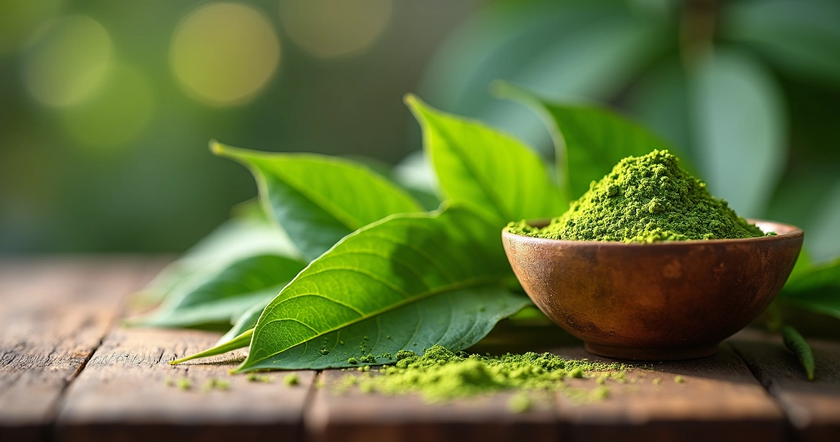 Folhas de moringa fresca e pó de moringa em tigela de madeira sobre mesa rústica 