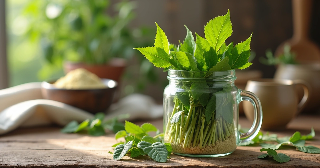 Folhas frescas de moringa em pote de vidro na mesa