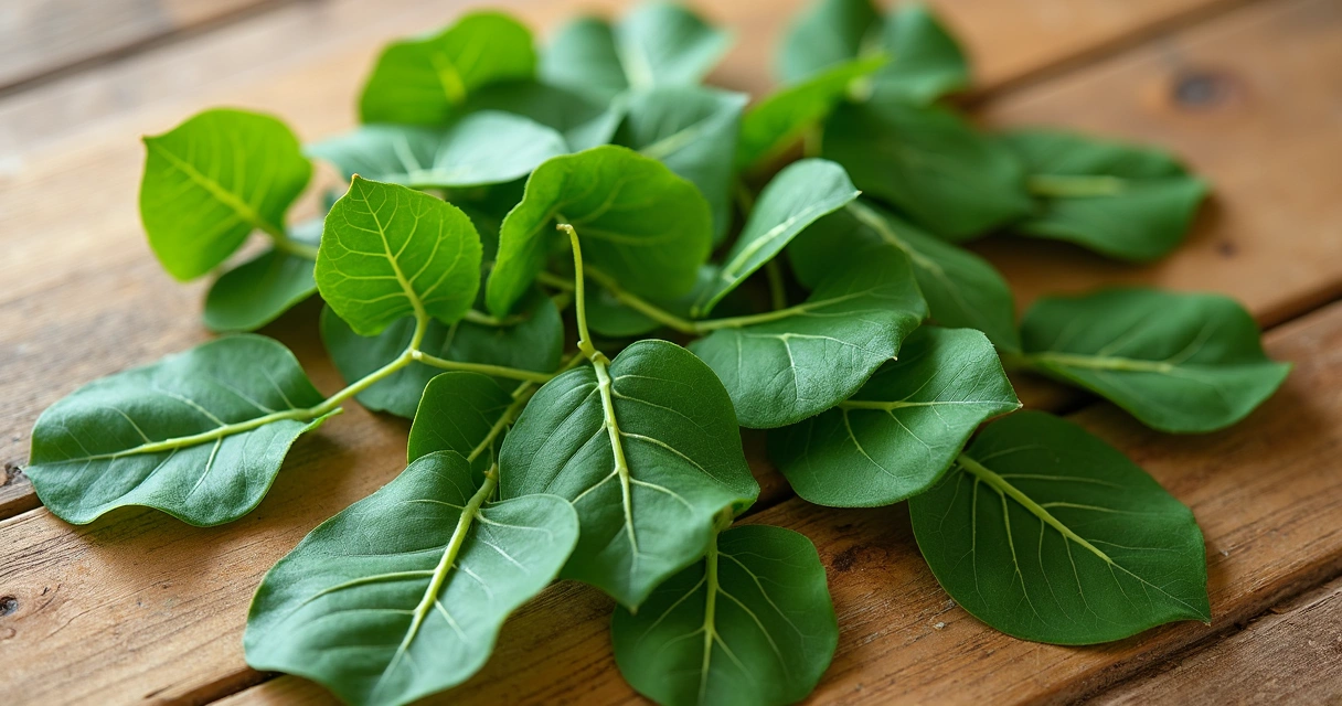 Folhas de moringa vistas de perto em uma mesa de madeira 