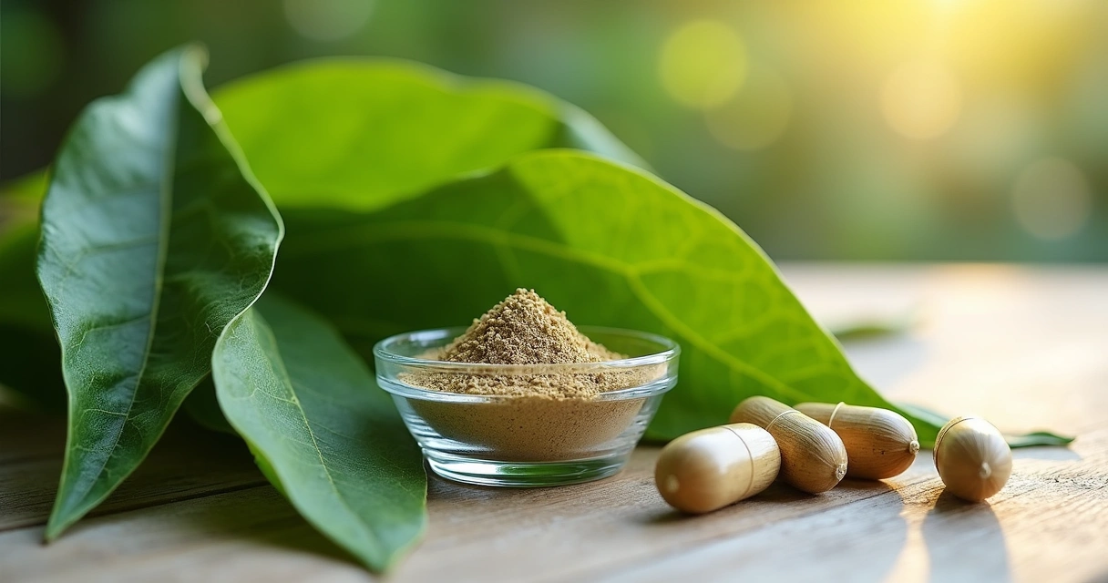 Folhas de moringa frescas com pó e cápsulas de moringa ao lado. 