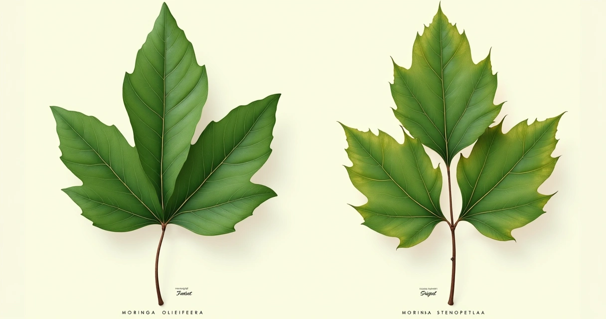 Folhas de moringa oleifera e stenopetala lado a lado 