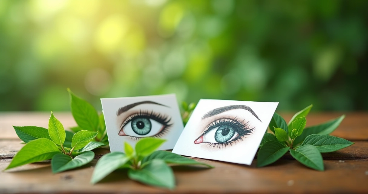 Folhas de moringa frescas ao lado de olhos desenhados em papel 