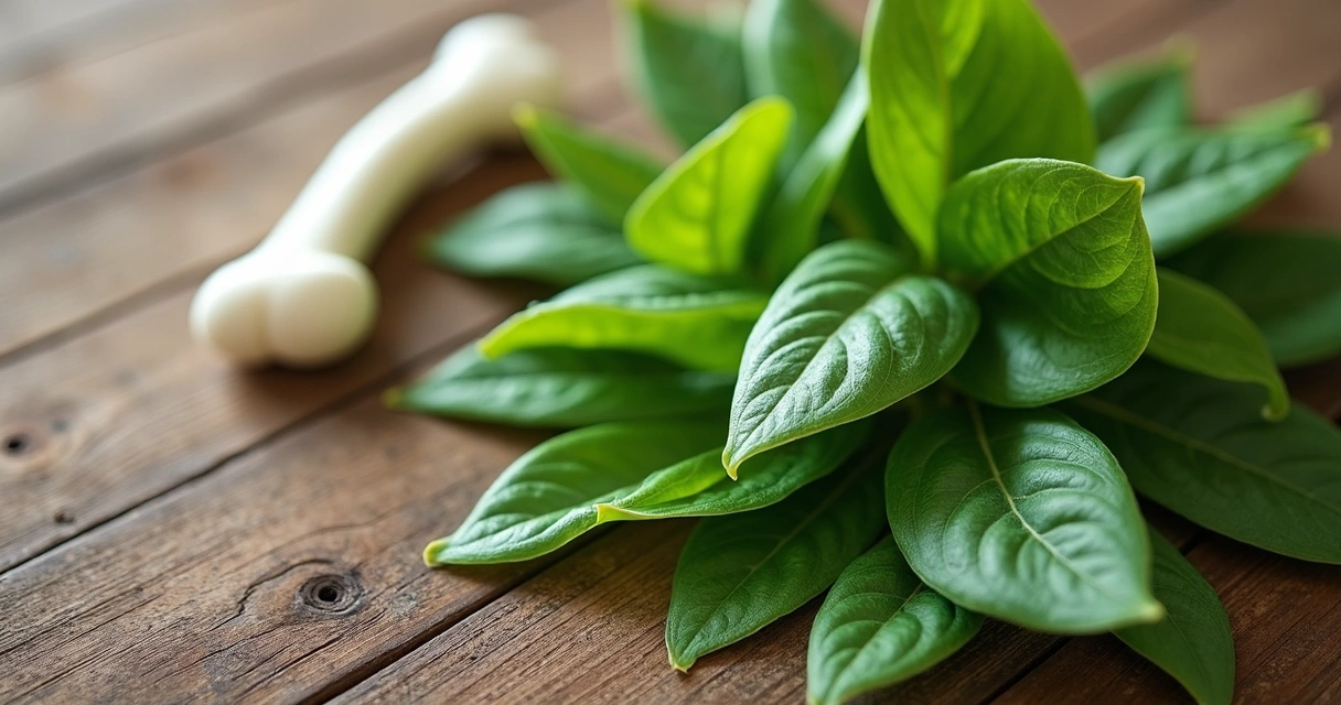 Folhas frescas de moringa ao lado de um osso artificial ilustrando saúde óssea