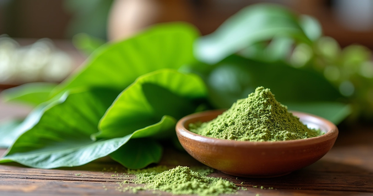 Folhas frescas de moringa ao lado de uma tigela com pó de moringa