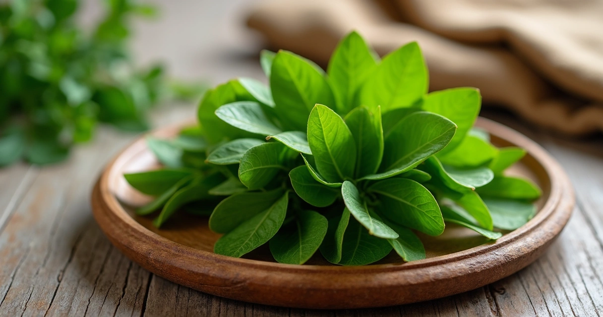 Folhas de moringa frescas em um prato de madeira 