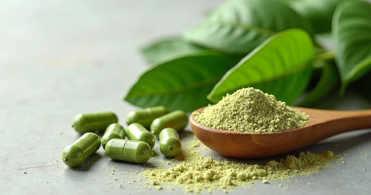Folhas de moringa e cápsulas lado a lado