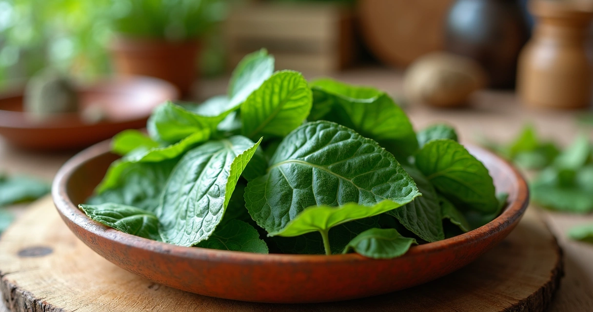 Folhas frescas de moringa em um prato de cerâmica 
