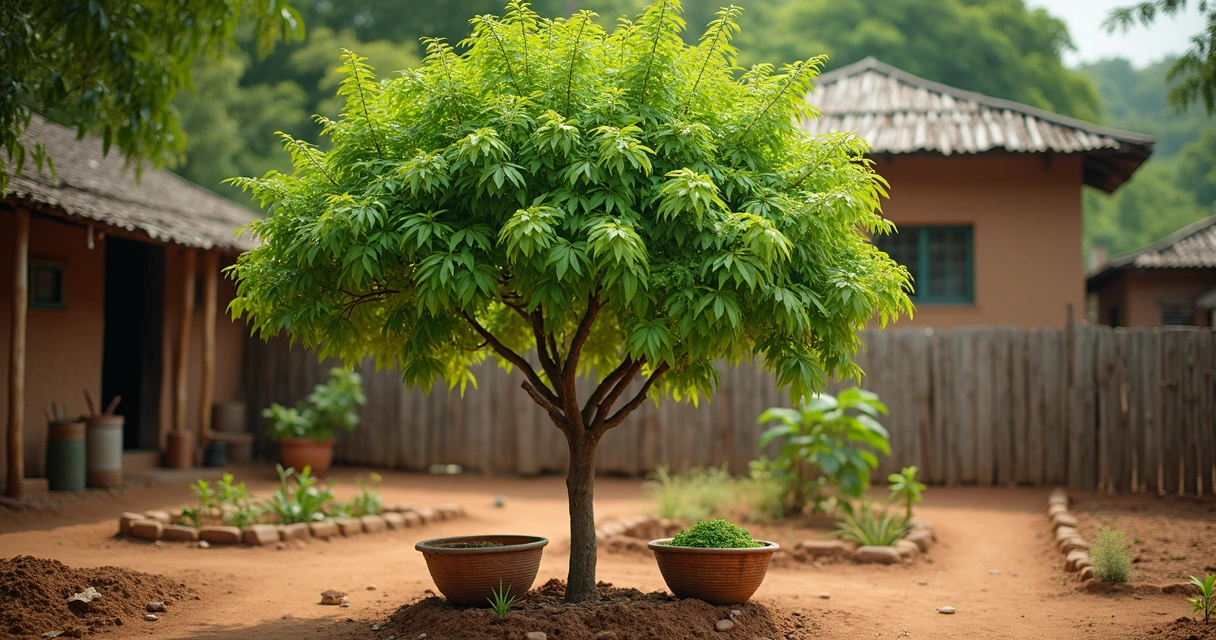 Folhas de moringa em quintal comunitário