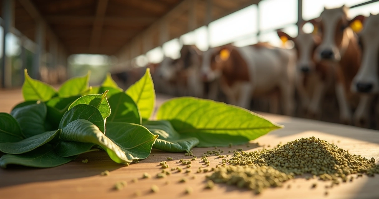 Folhas de moringa ao lado de ração para ruminantes