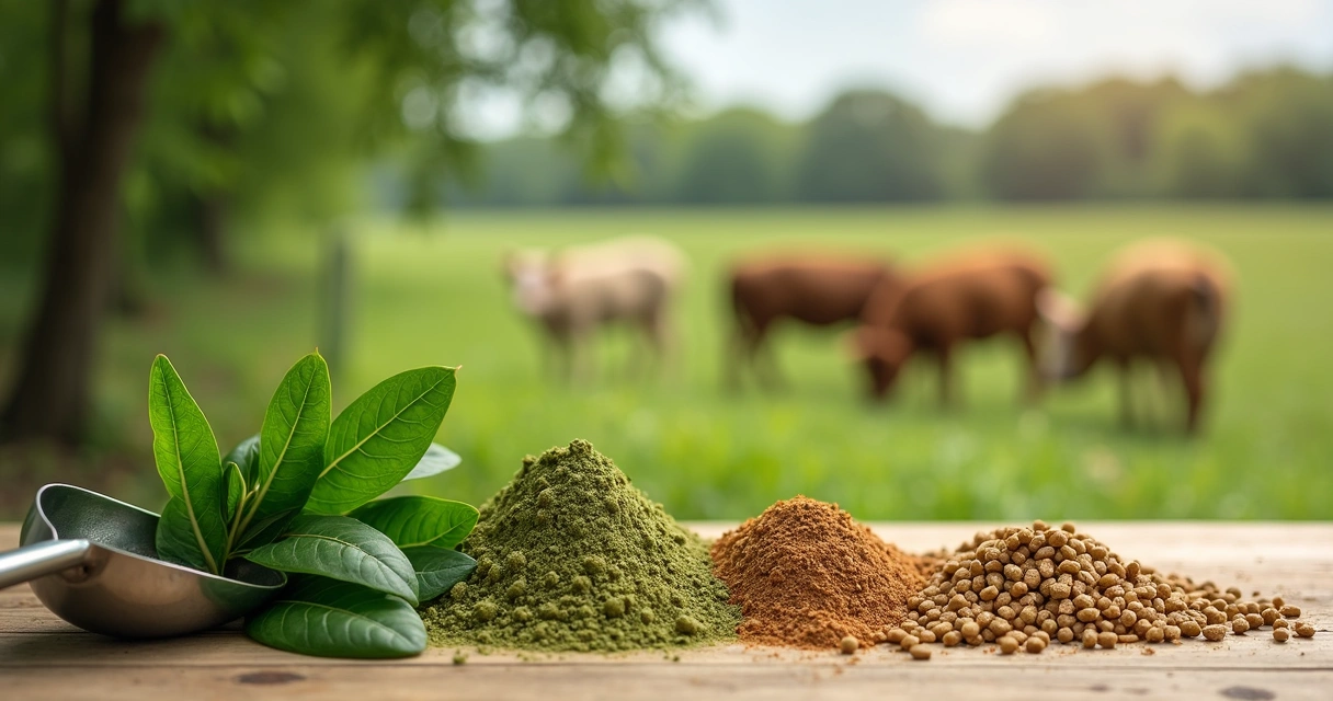 Folhas de moringa secas ao lado de ração animal