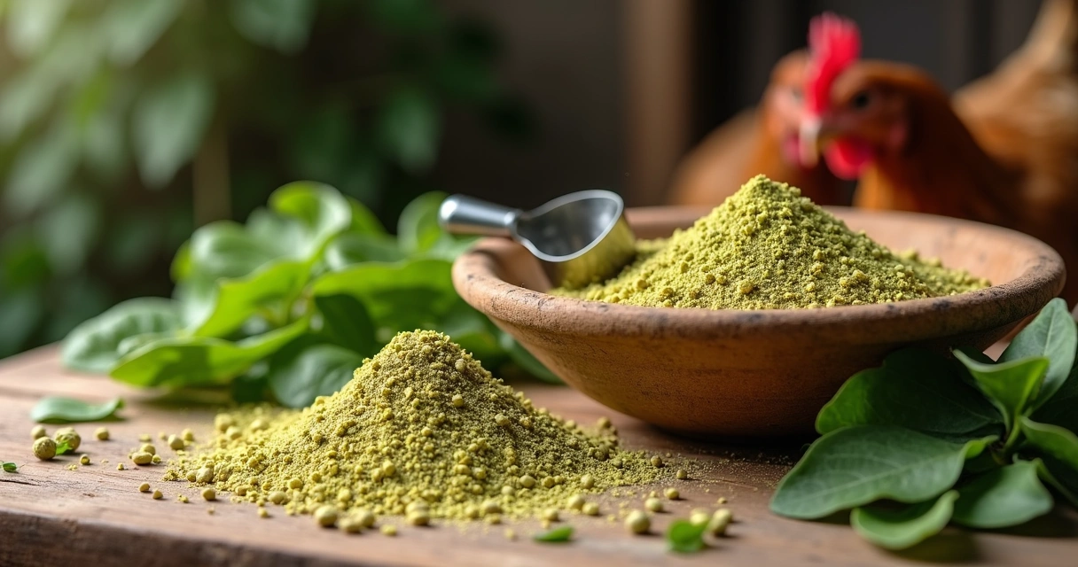 Folhas de moringa moídas ao lado de ração para aves