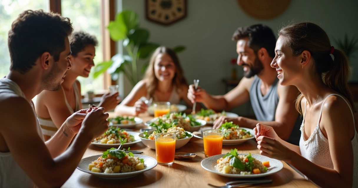 Família sentada à mesa com refeição e folhas de moringa no prato 