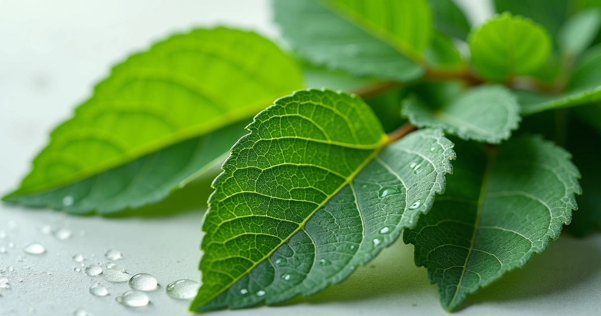 Folhas frescas de moringa sobre fundo claro com gotas de orvalho 