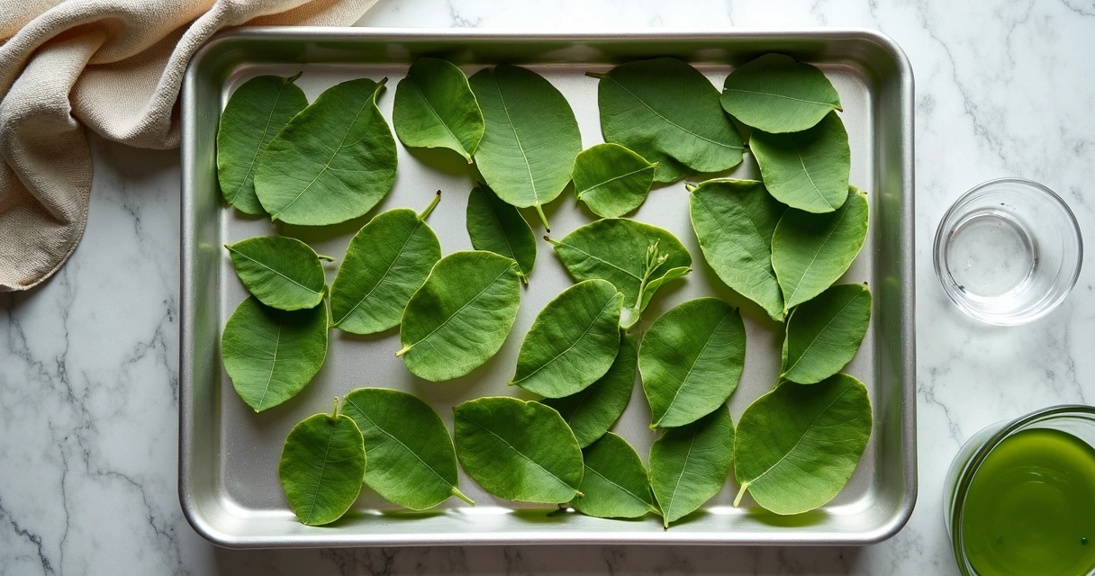 Folhas de moringa espalhadas em bandeja de secagem 