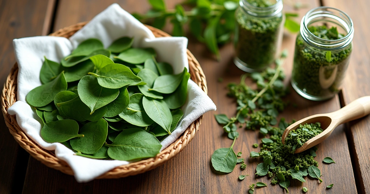 Folhas de moringa sendo secas e armazenadas em potes de vidro 