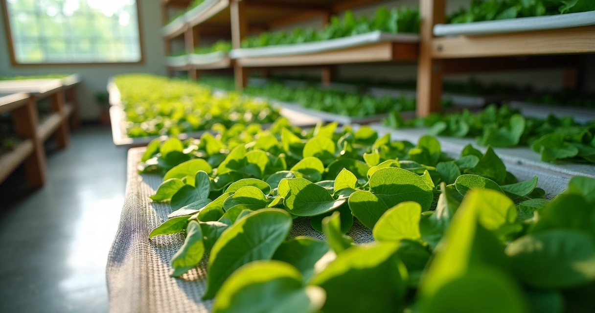Folhas de moringa espalhadas para secar em ambiente ventilado e sombreado