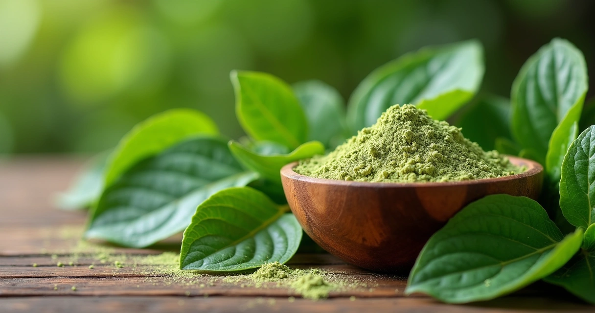 Folhas de moringa frescas e pó em tigela de madeira