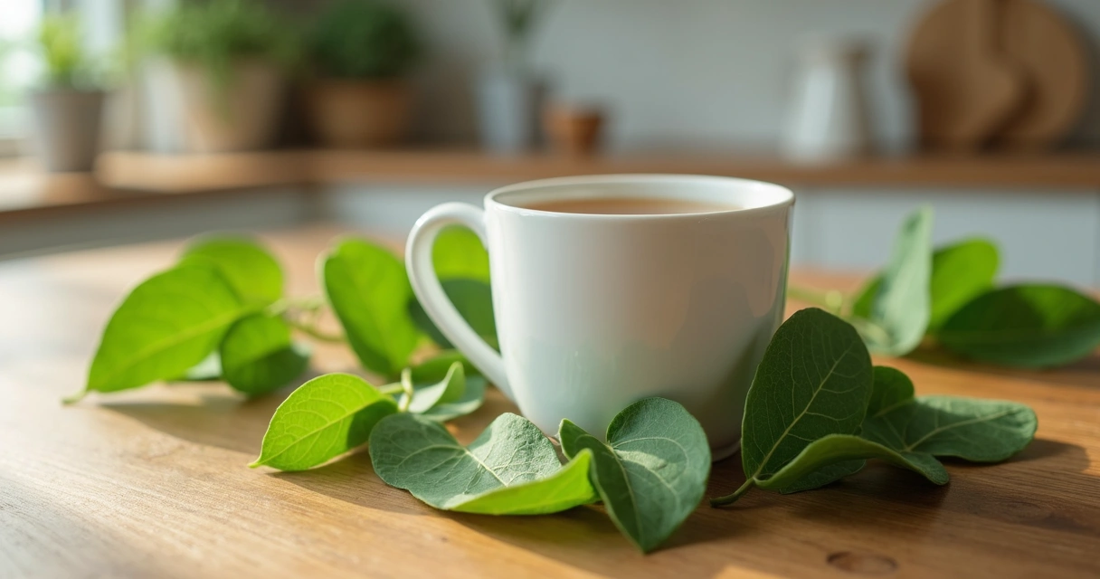 Folhas frescas de moringa ao lado de uma xícara de chá 