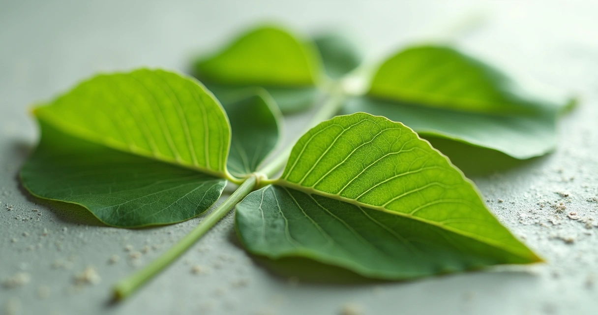 Detalhe de folhas de moringa fresca sobre um fundo neutro 
