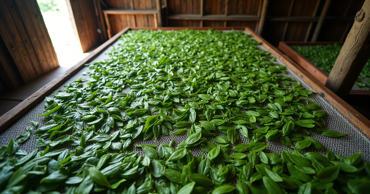 Folhas frescas de moringa sendo secas em bandejas de uma fazenda 