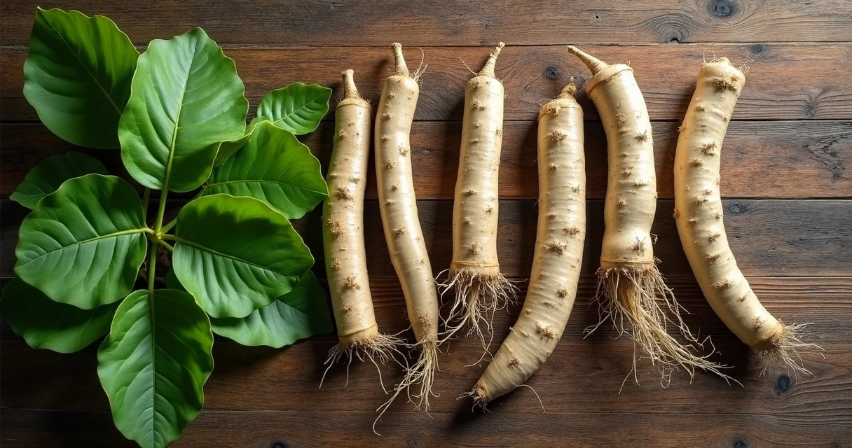 Folhas frescas e raízes de moringa lado a lado em uma superfície de madeira