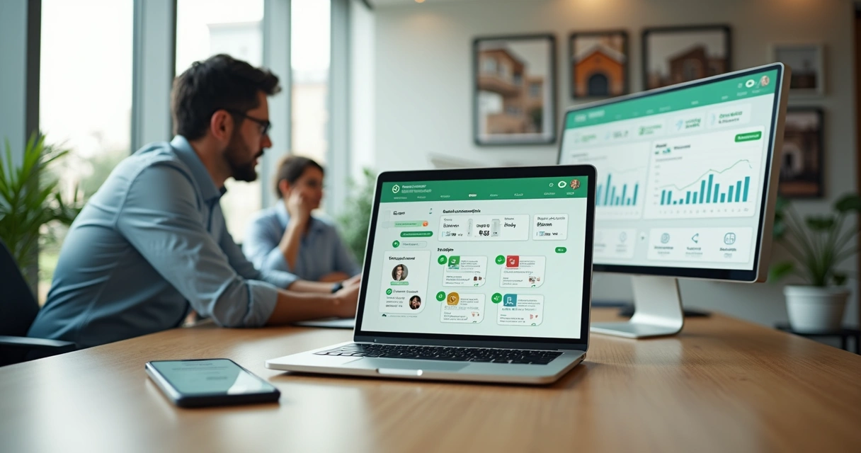 Corretor imobiliário usando painel de automação de follow-up no WhatsApp no notebook 