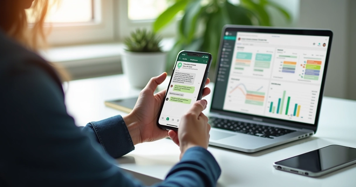 Tela de smartphone mostrando chat de WhatsApp com mensagens de follow-up automáticas e interface de chatbot inteligente 