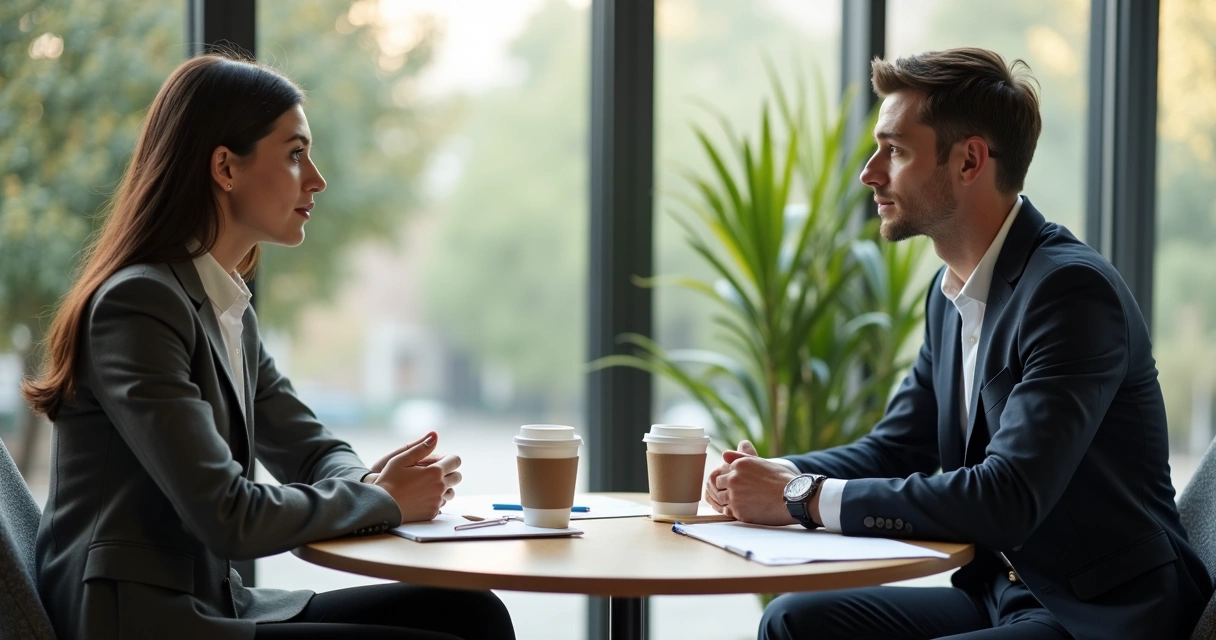 Two business professionals sitting across a small table, engaged in a follow-up discussion with papers and notes between them 