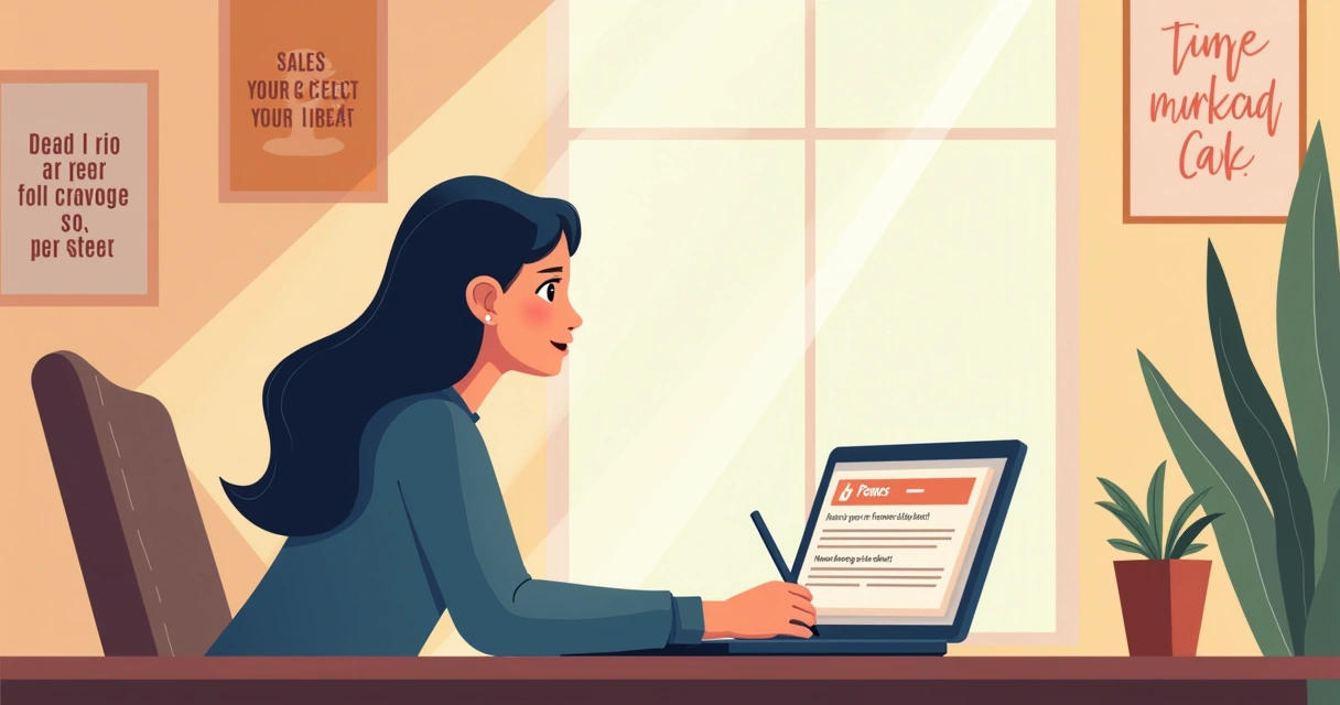 Ilustração de um escritório acolhedor mostrando um vendedor escrevendo um e-mail de follow-up personalizado.