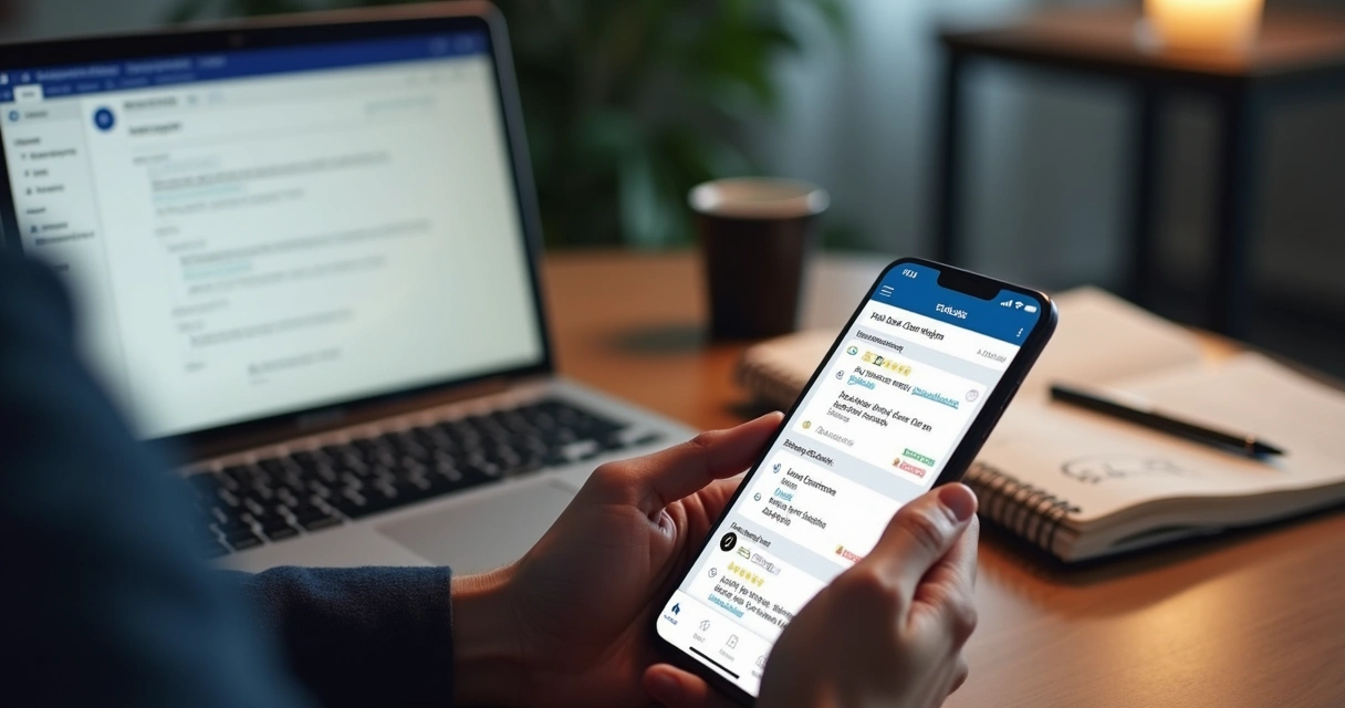 Profissional a enviar follow-up após evento com CRM aberto no telemóvel 